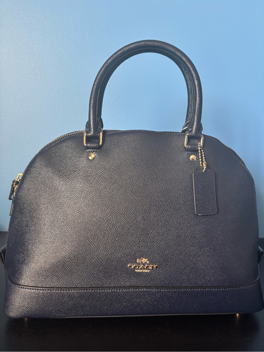 Coach Navy Saffiano Dome Satchel with Gold Hardware